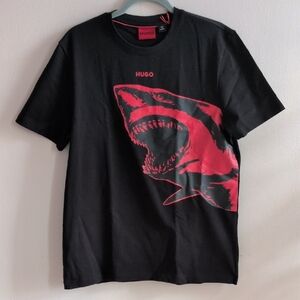 HUGO Black Tee with Vibrant Red Shark Design